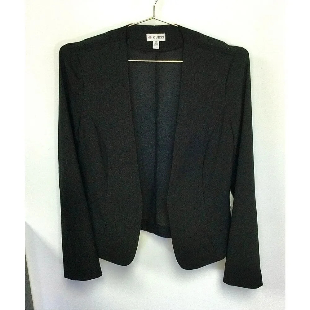 Guess vintage Womens Solid Black Long Sleeve Pockets Open Front Blazer Jacket M